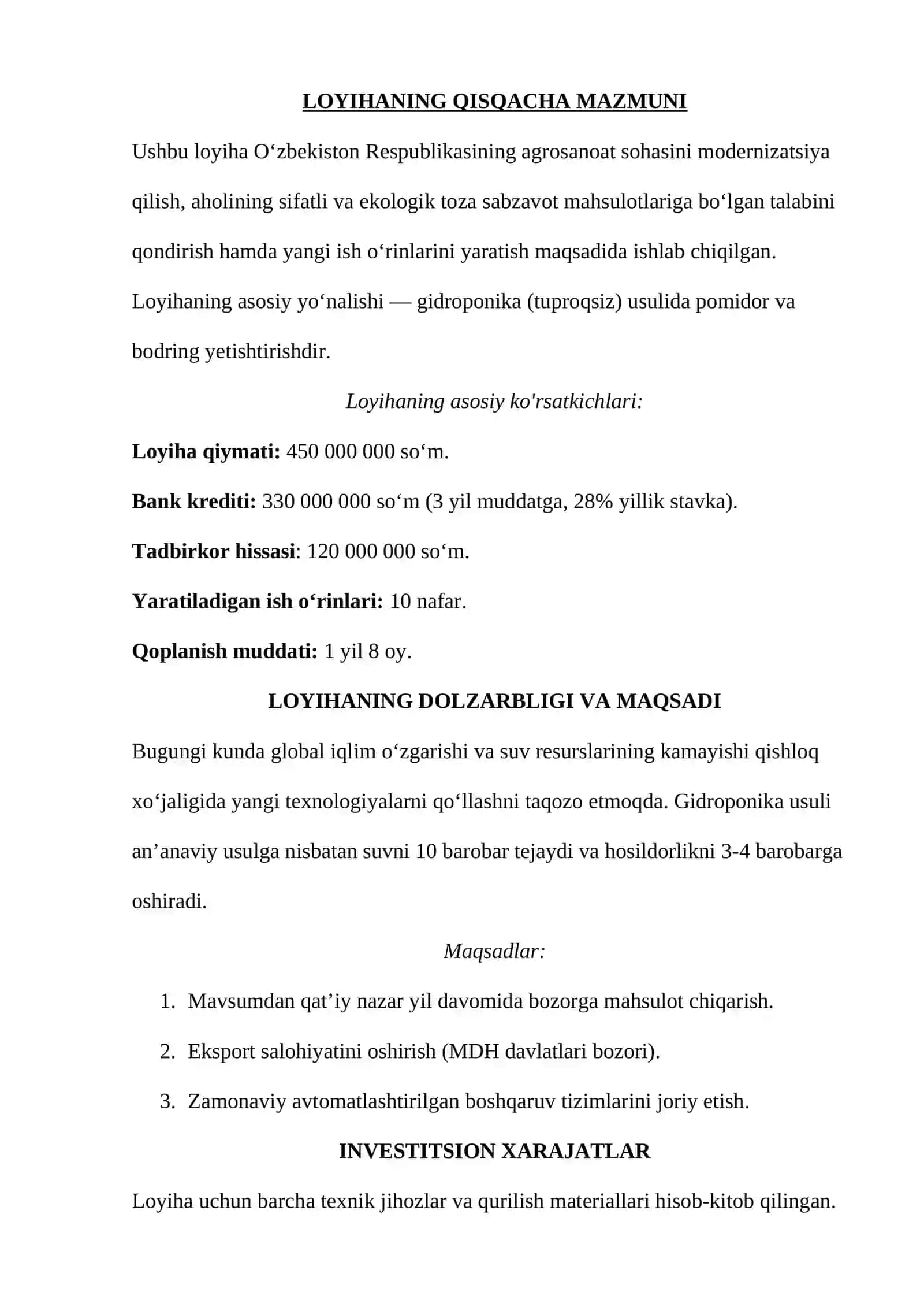 GIDROPONIKA USULIDAGI ZAMONAVIY ISSIQXONA MAJMUASINI TASHKIL ETISH BIZNES-REJASI 2