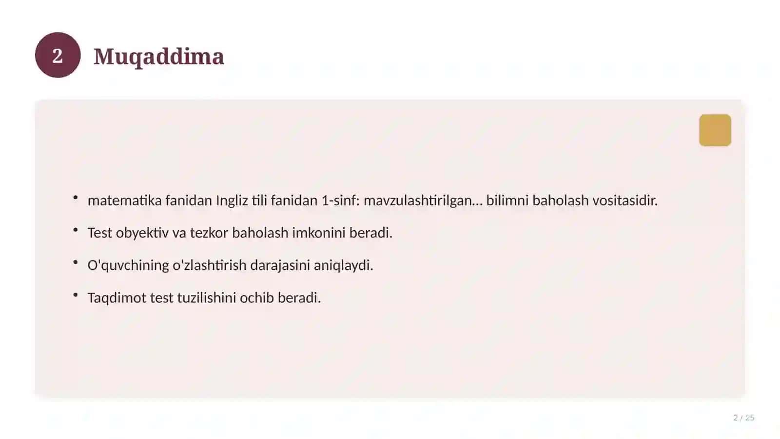 Ingliz tili fanidan 1-sinf: mavzulashtirilgan nazorat ishi va tahlil 2