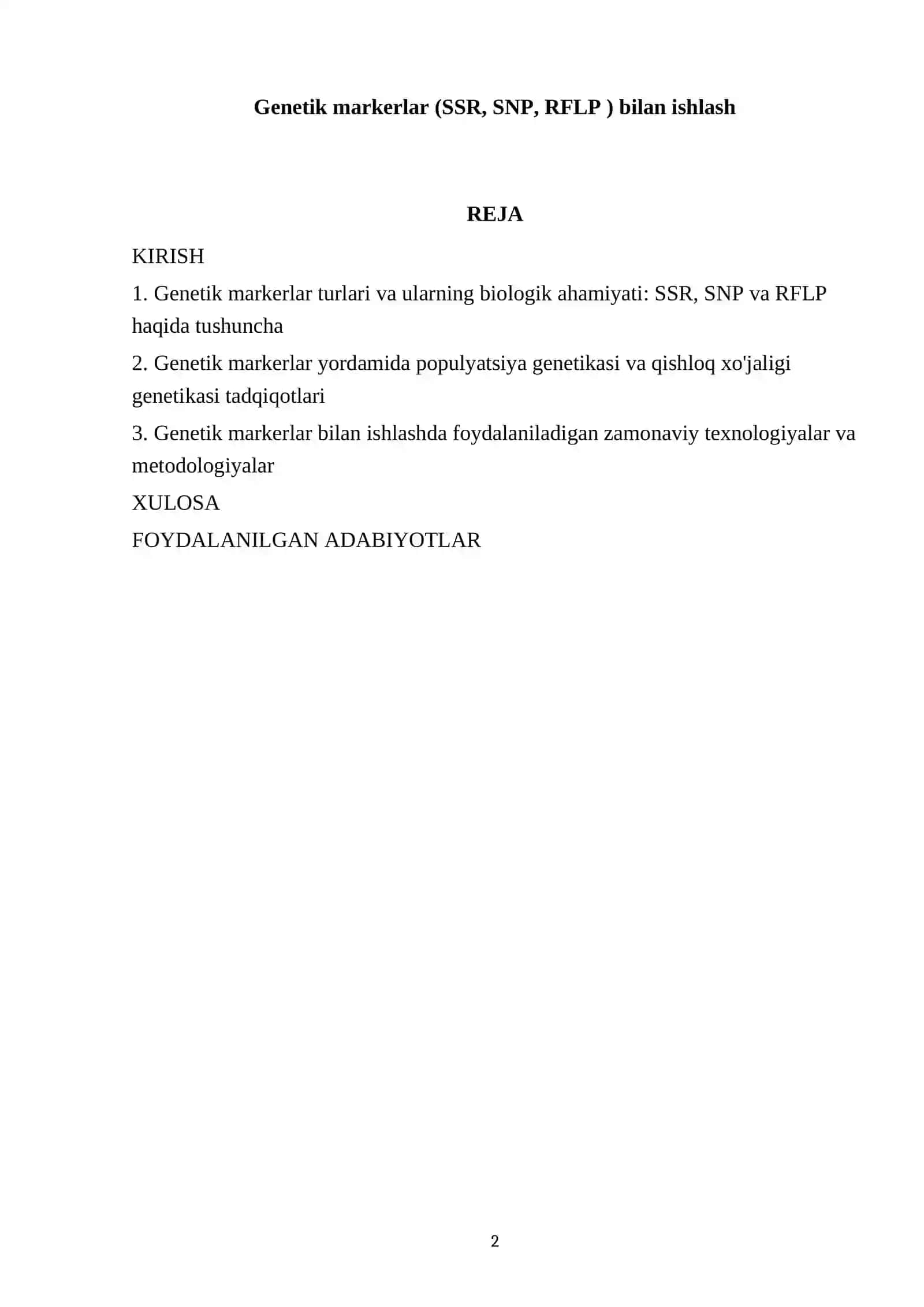 Genetik markerlar (SSR, SNP, RFLP ) bilan ishlash 2