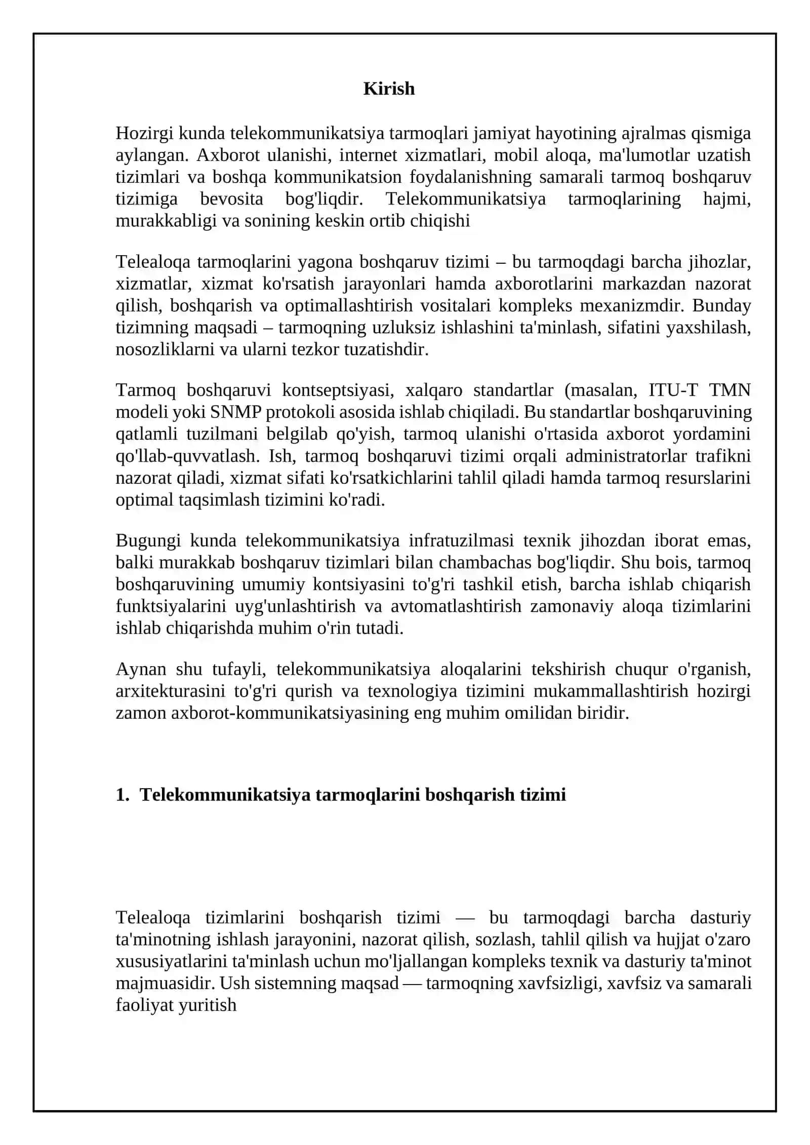 Telekommunikatsiya tarmoqlari boshqarish tizimini qurishning umumiy kontseptiyasi 2
