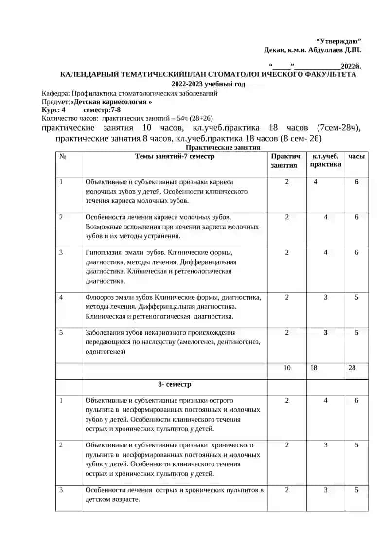 Календарный тематический план стоматологического факультета 2