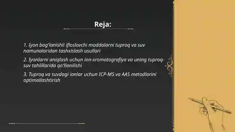 Iyon bog'lanishli ifloslovchi moddalarni tuproq va suv namunalaridan tashxislash 2