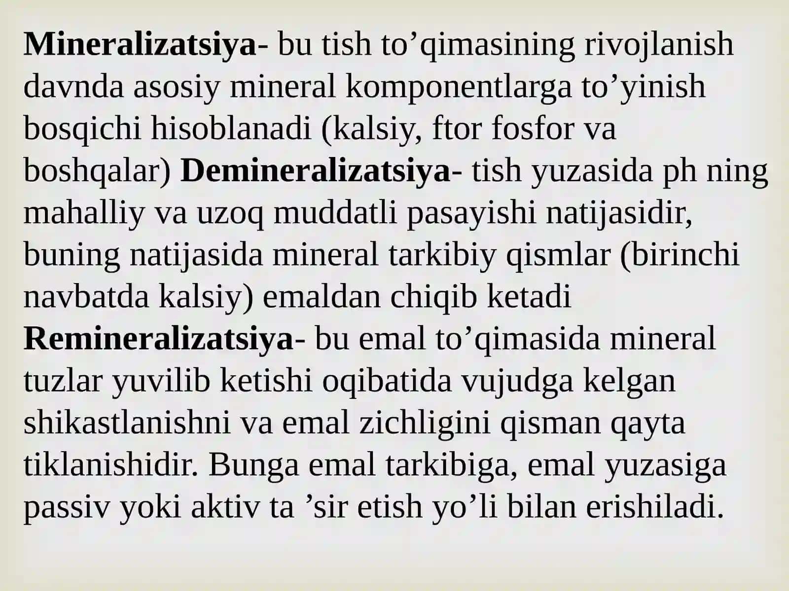 Mineralizatsiya, demineralizatsiya va remineralizatsiya jarayonlari. Boshlang’ich(oq dog’) va yuza kariyesda endogen  va ekzogen davolash usullari. 2