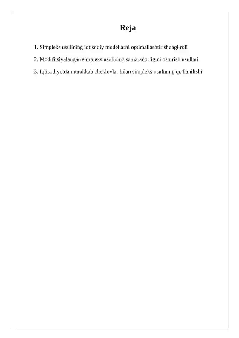 Iqtisodiyot Masalalarni Simpleks Usulda Yechish Modifikitsirlangan Simpleks Usuli Xos Chiziq Programmalashtirish Masalasi 2
