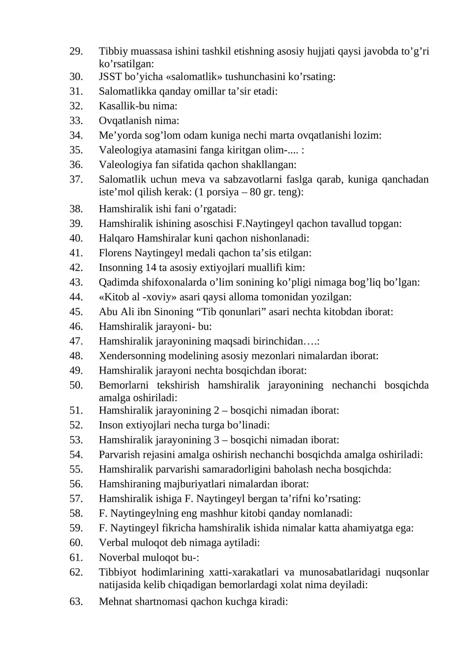 OLIY HAMSHIRALIK ISHI TEST SAVOLLARI 2