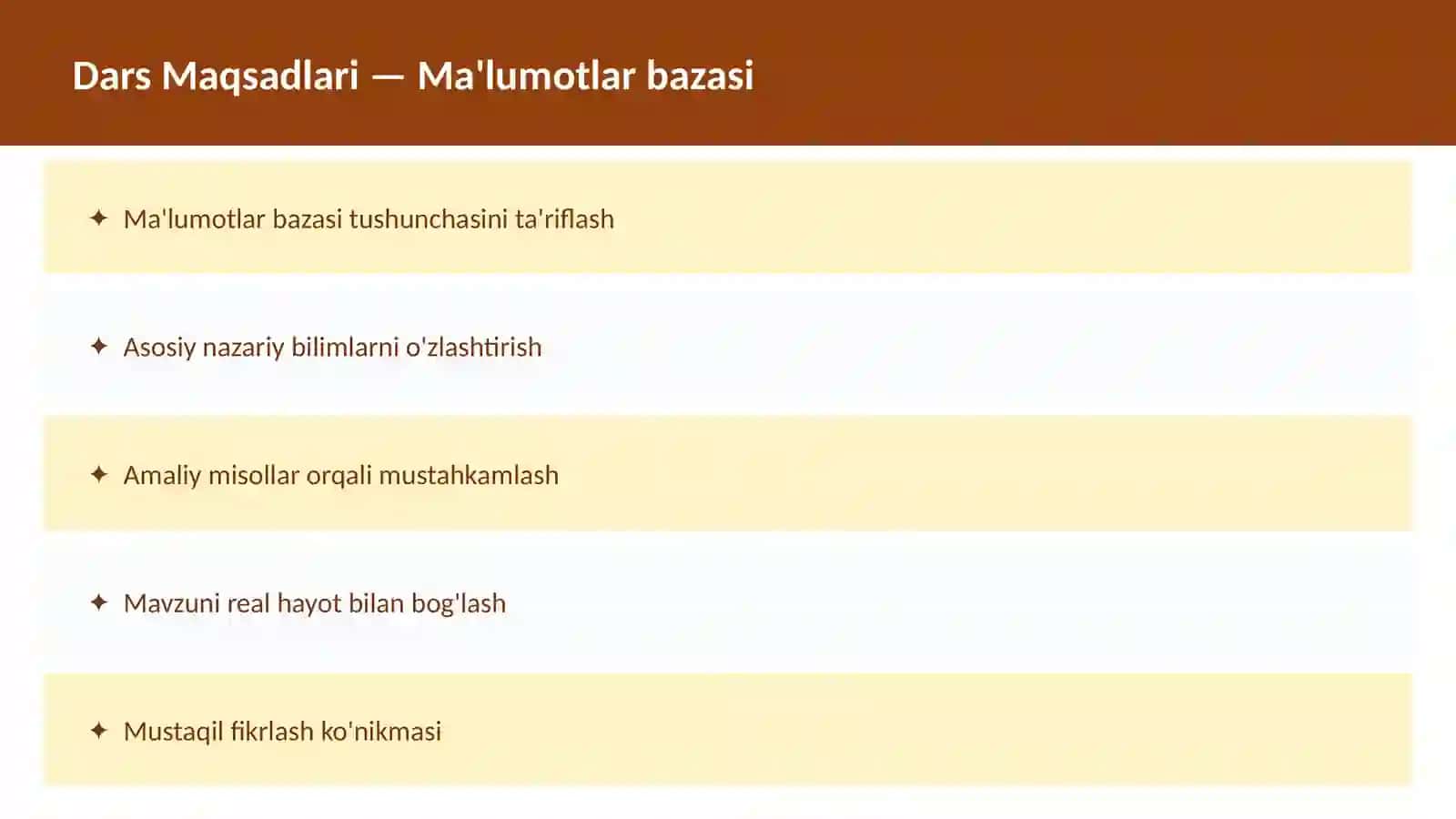 SQL O'qituvchilar va talabalar uchun dars ishlanma 2