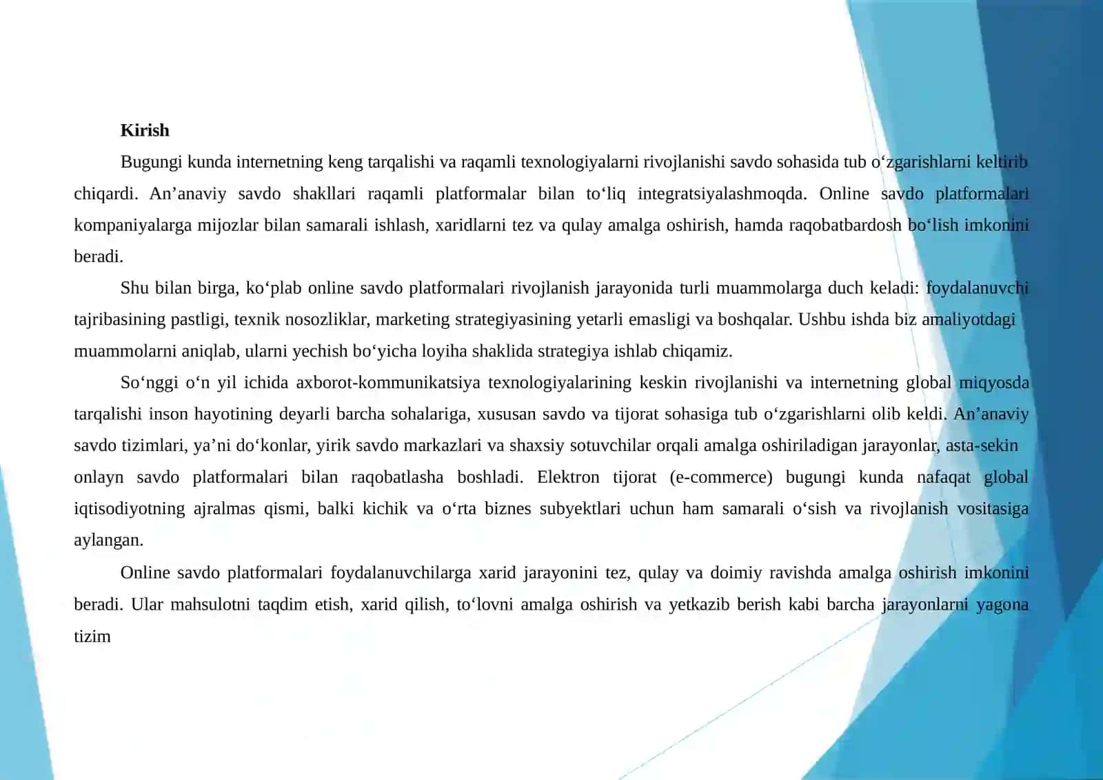 ONLINESAVDOPLATFORMASINIRIVOJLANTIRISHSTRATEGIYASINIISHLAB CHIQISH,AMALIYOTDAGIMUAMMONIANIQLASHVALOYIHASHAKLDAYECHIM TAYYORLASH 2