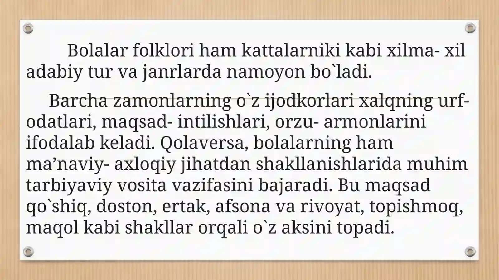 BOSHLANGICH SINF TARBIYA JARAYONIDA XALQ OG’ZAKI IJODI NAMUNALARIDAN FOYDALANISH 2