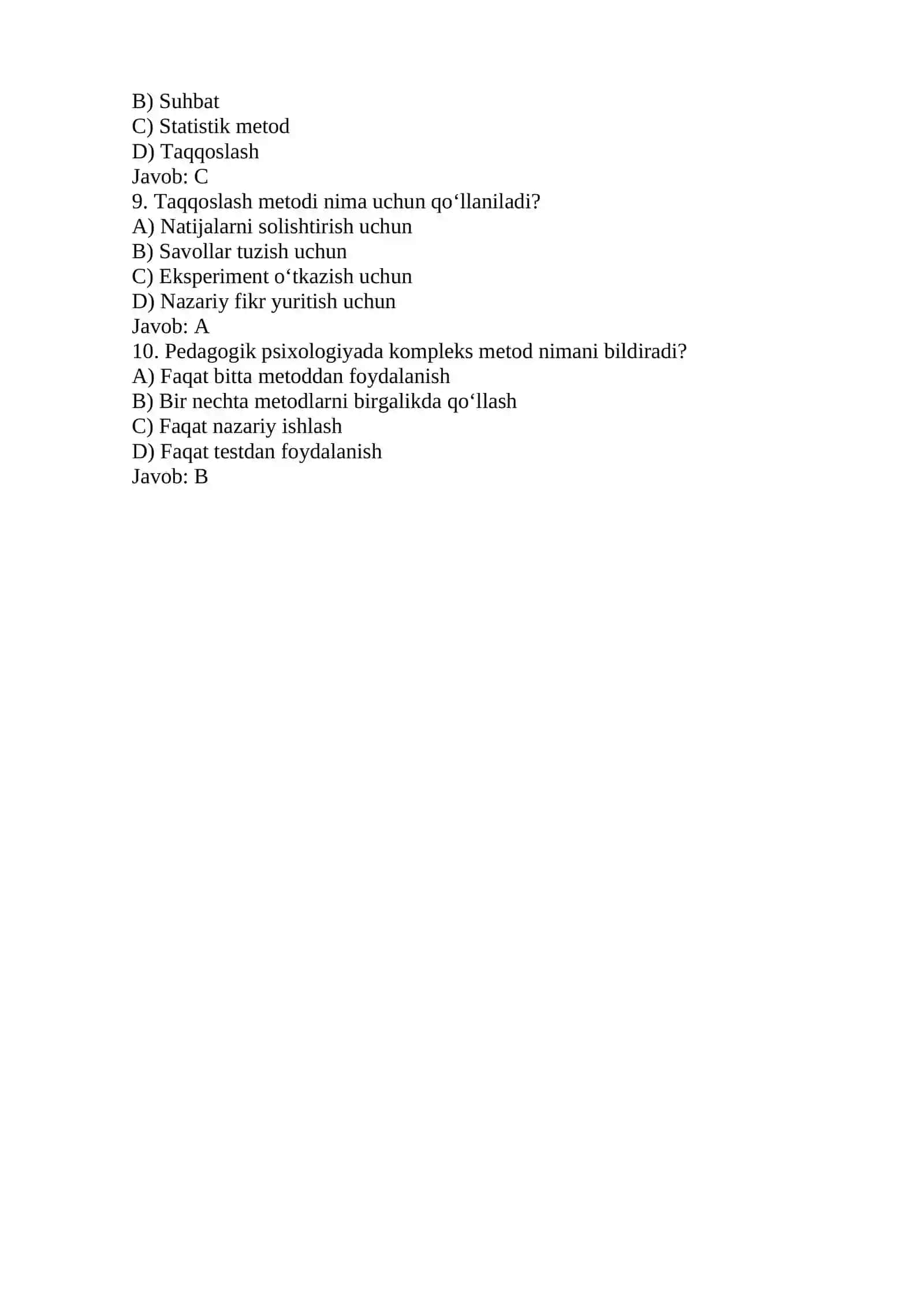 Pedagogik psixologiya metodlari bo‘yicha 10 ta test (javoblari bilan) 2