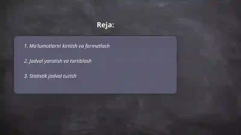 Sitatistik tahlil masalalarini MSExcel dasturidan foydalanib yechish 2