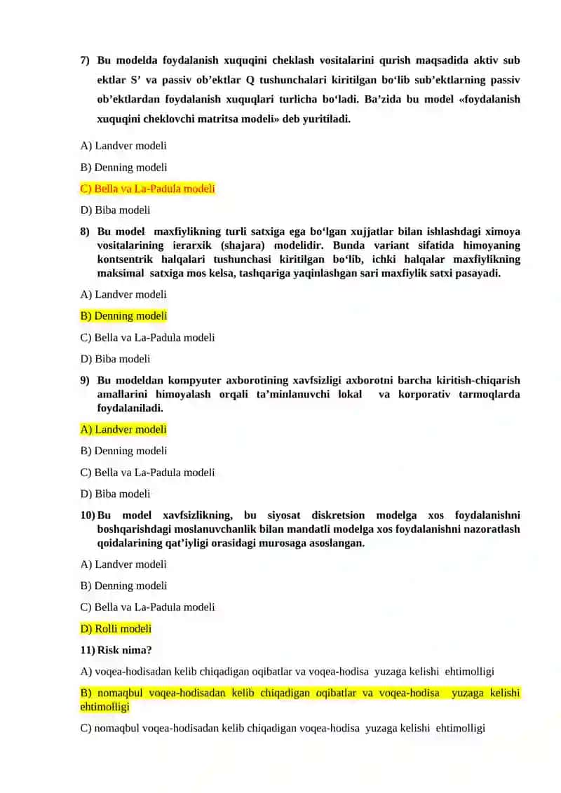 Tarmoq Xavfsizligi testlar javoblari bilan 2