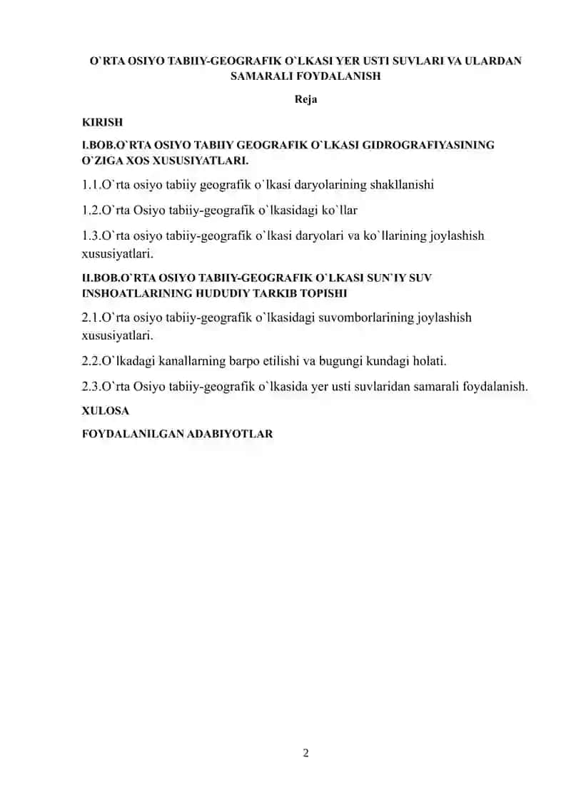 O`RTA OSIYO TABIIY-GEOGRAFIK O`LKASI YER USTI SUVLARI VA ULARDAN SAMARALI FOYDALANISH 2