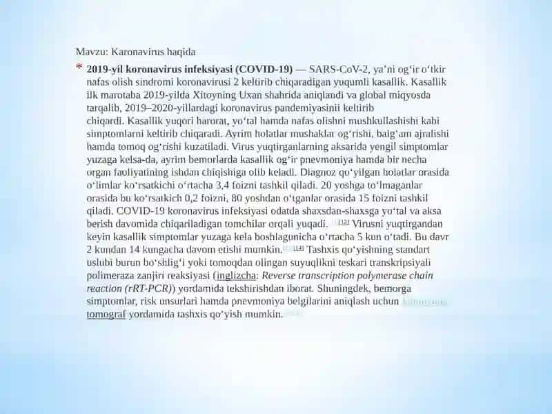 Karonavirus haqida Prezentatsiya 2