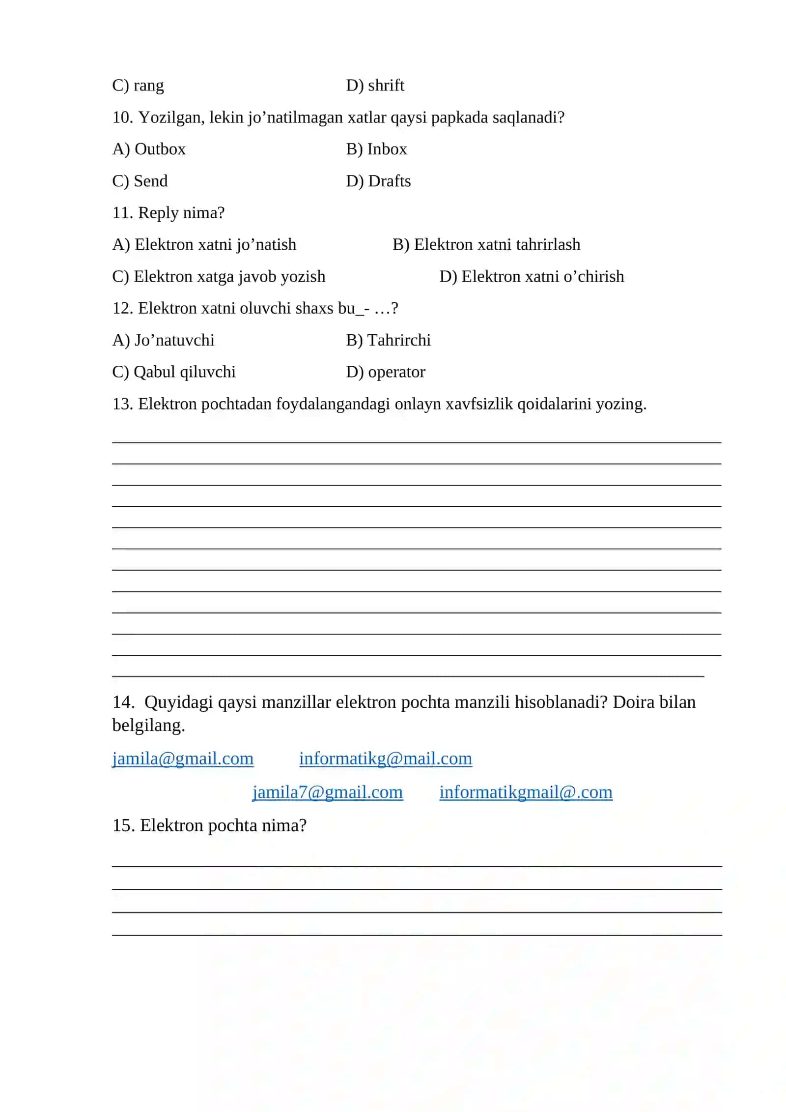 5-sinf informatika 4-chorak nazorat ishi test 2