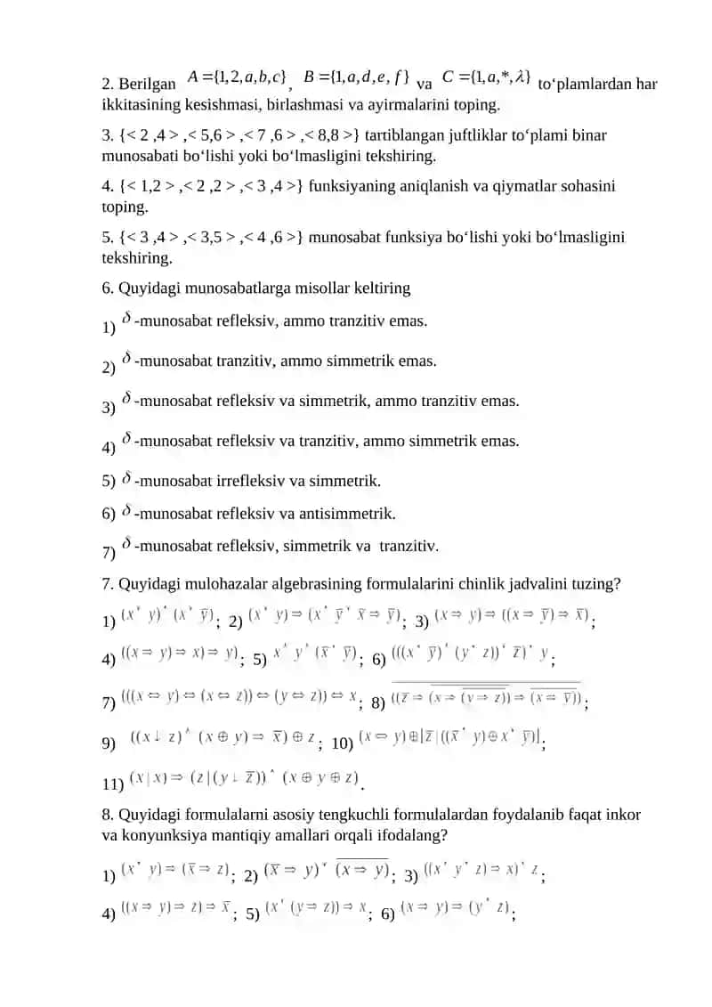 Diskret matematika va matematik mantiq fanidan yakuniy nazorat savollari 2