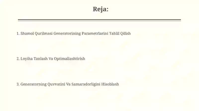 Shamol qurilmasi generatorini tanlash va hisoblash 2