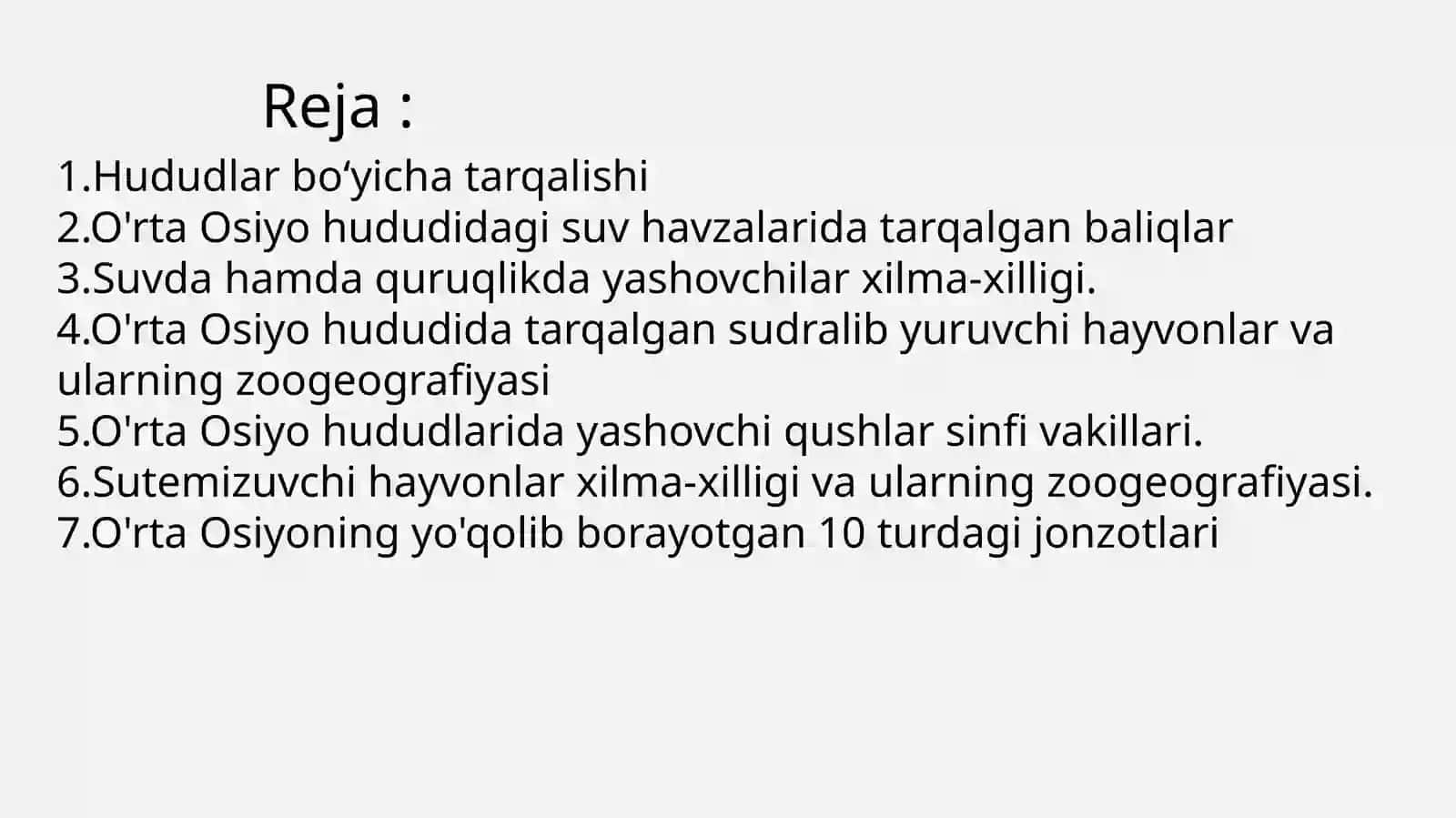 O'RTA OSIYO UMURTQALI HAYVONLARNING BIOLOGIKXILMA-XILLIGI VA ZOOGEOGRAFIYASI 2
