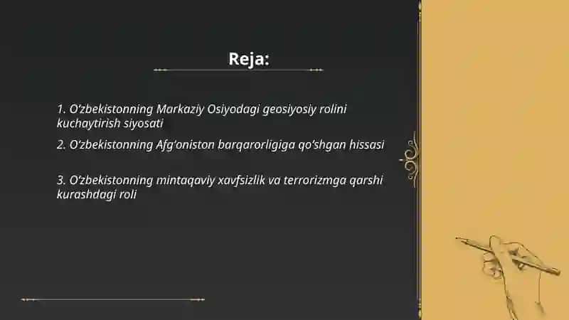 Oʻzbekistonning markaziy Osiyoda tinchlik va barqarorlikni taʼminlashdagi oʻrni 2