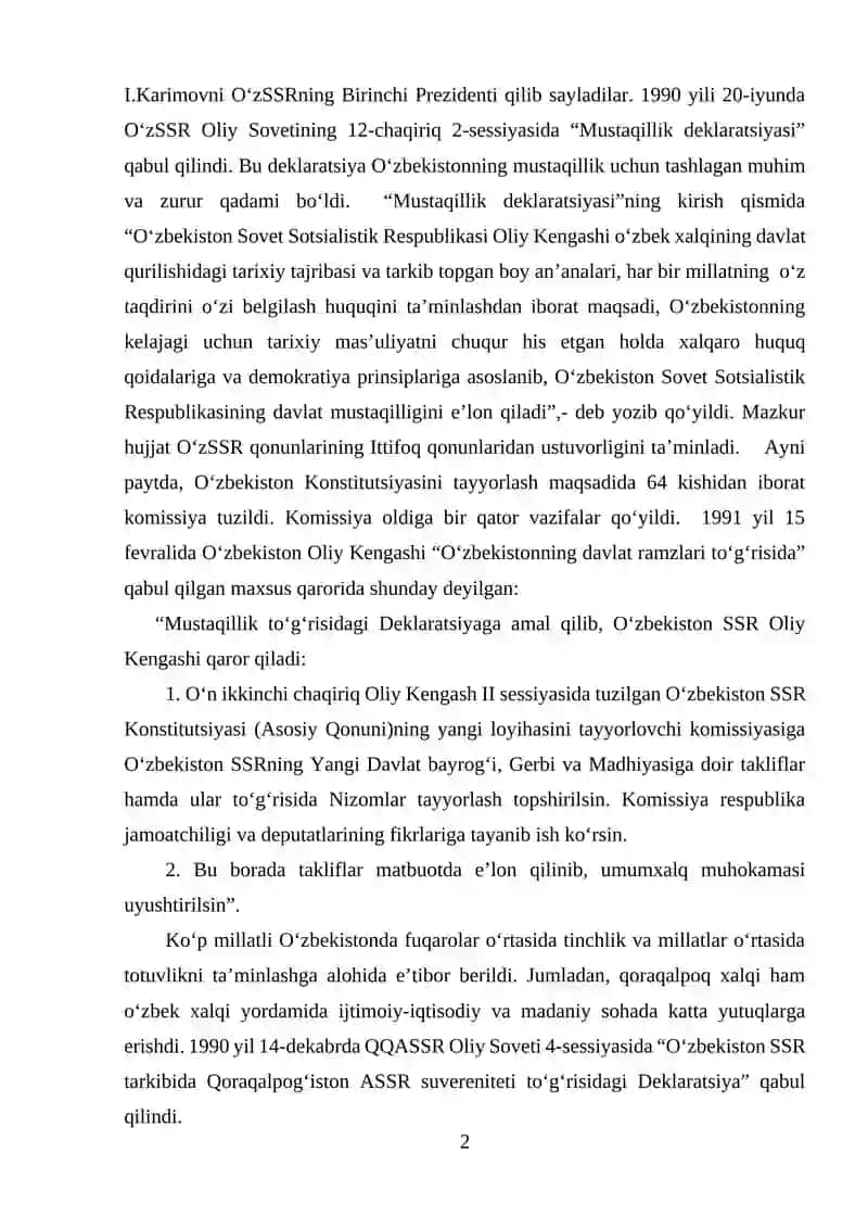 Mustaqil O‘zbekiston Respublikasining tashkil topishi va uning tarixiy ahamiyati 2