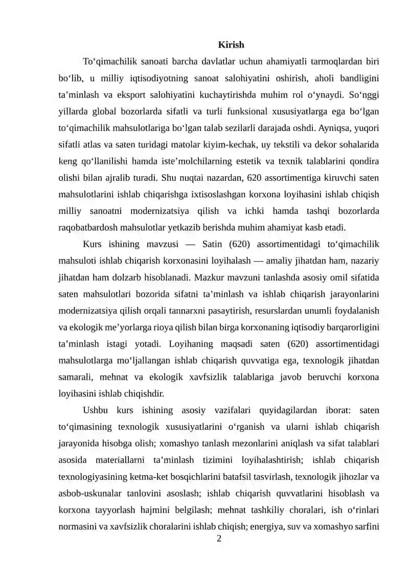 Satin (620) asartimentidagi to'qimachilik mahsuloti ishlab chiqarish korxonasini loyihalash 2