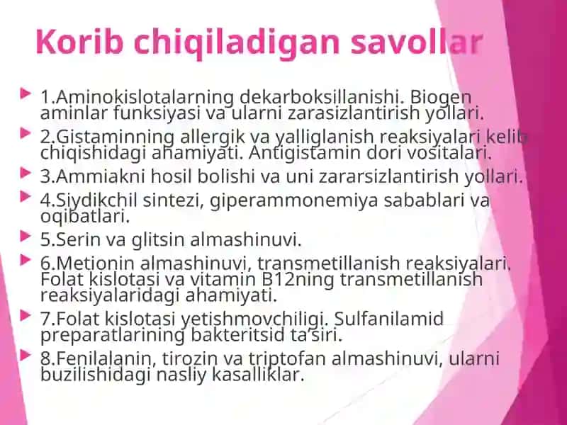 Aminokislotalar dekarboksillanishi.  Ammiakni zararsizlantirilishi. Aminokislotalar almashinuvining xususiy yоllari. 2