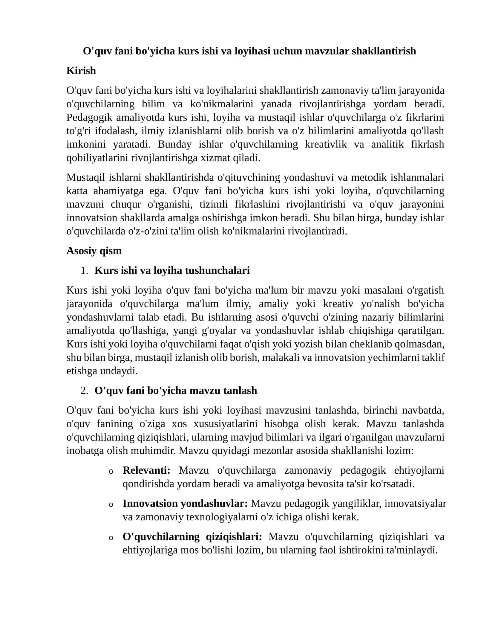 O'quv fani bo'yicha kurs ishi va loyihasi uchun mavzular shakllantirish 2