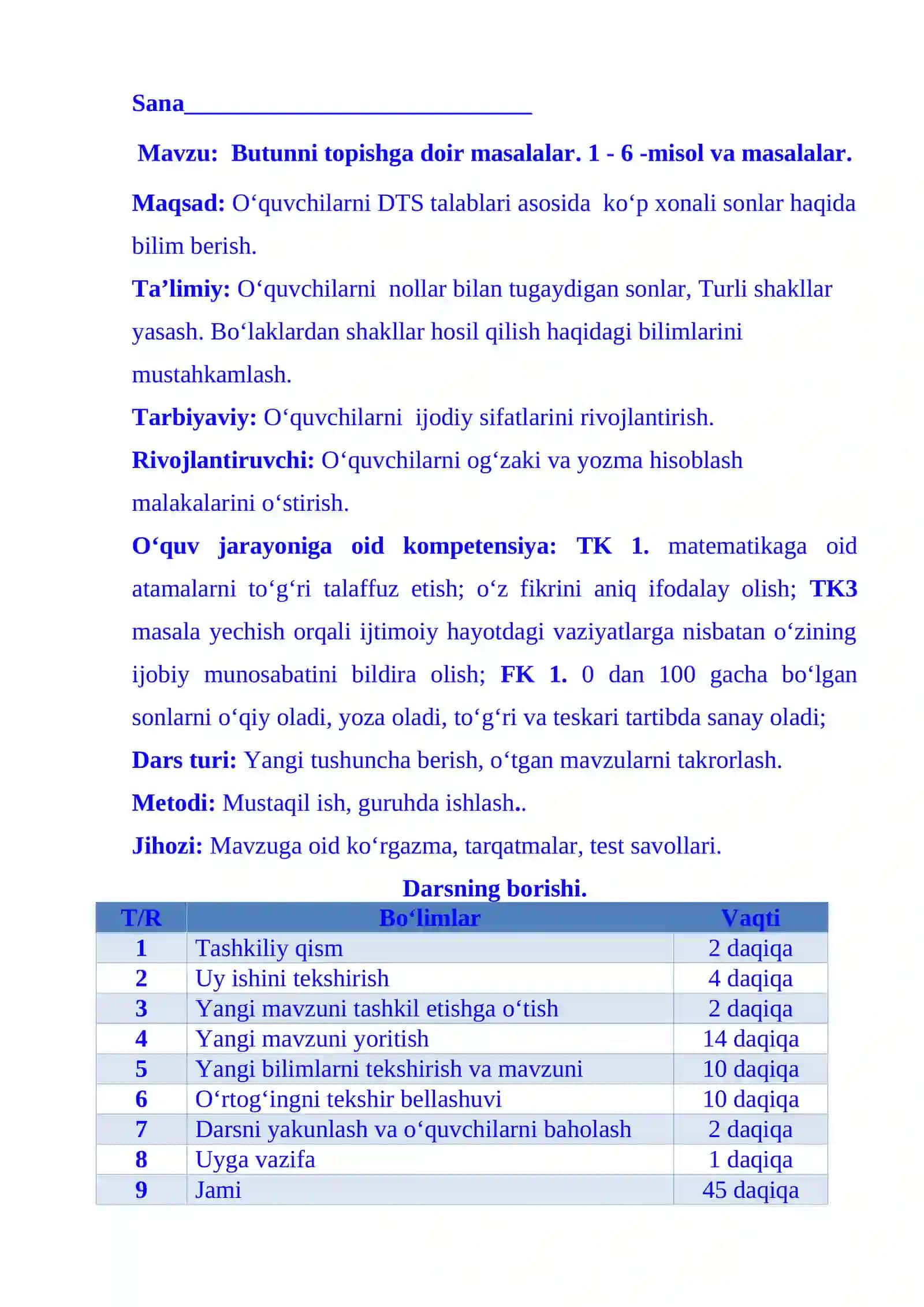 1-sinf matematika Butunni topishga doir masalalar dars ishlanma 2