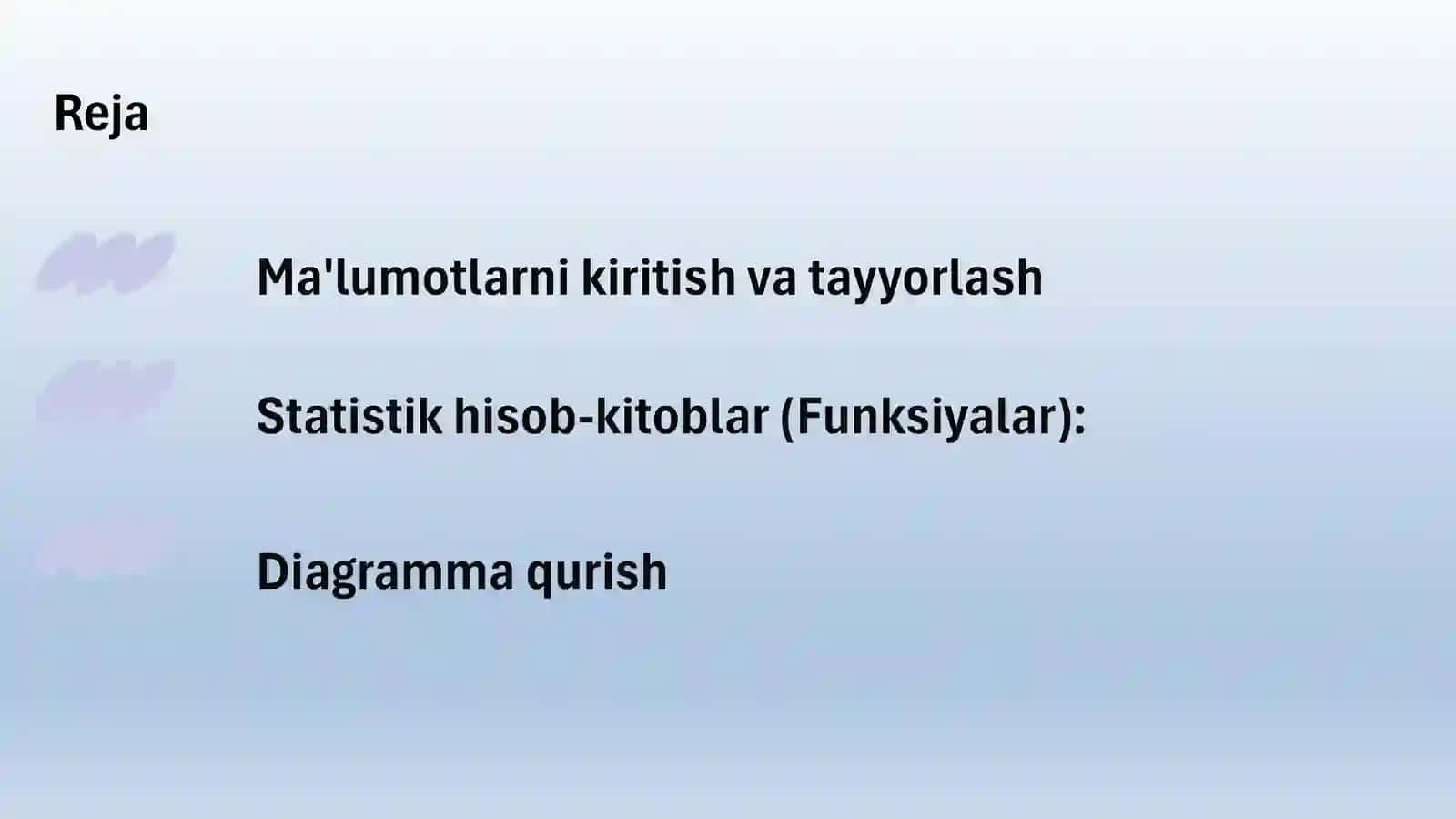 excelda malumotlarni Statistik hisob-kitoblar (Funksiyalar): Diagramma qurish 2