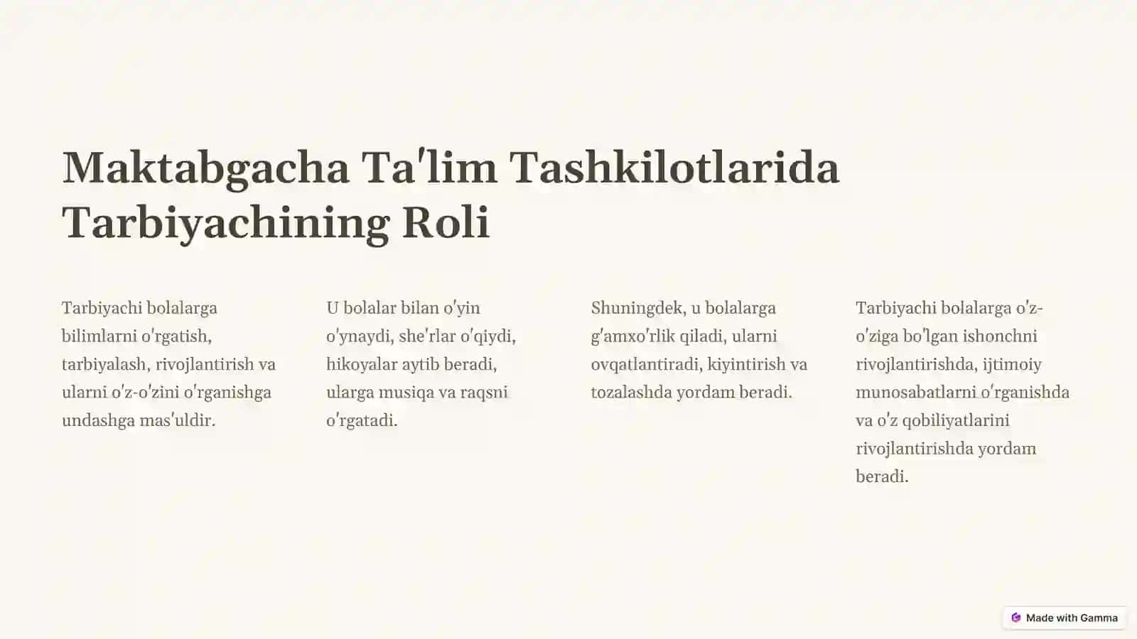 Maktabgacha Ta'limda Tarbiyachining Mahorati va Texnikasi 2
