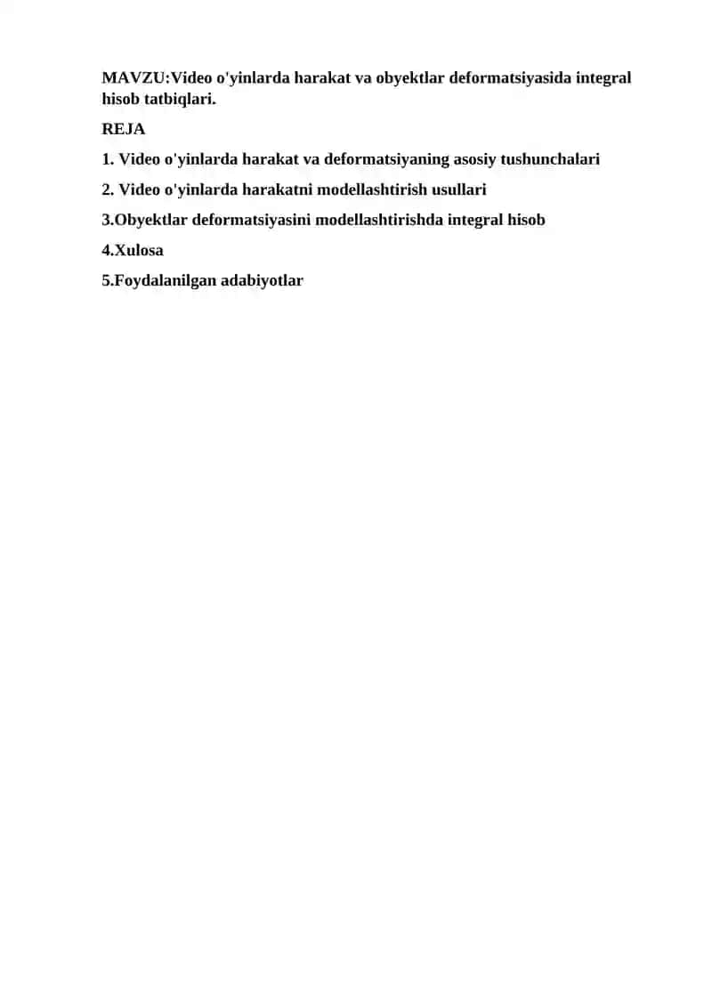 Video o'yinlarda harakat va obyektlar deformatsiyasida integral hisob tatbiqlari 2