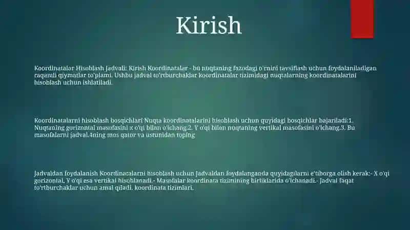 Koordinatalar Hisoblash Jadvali 2