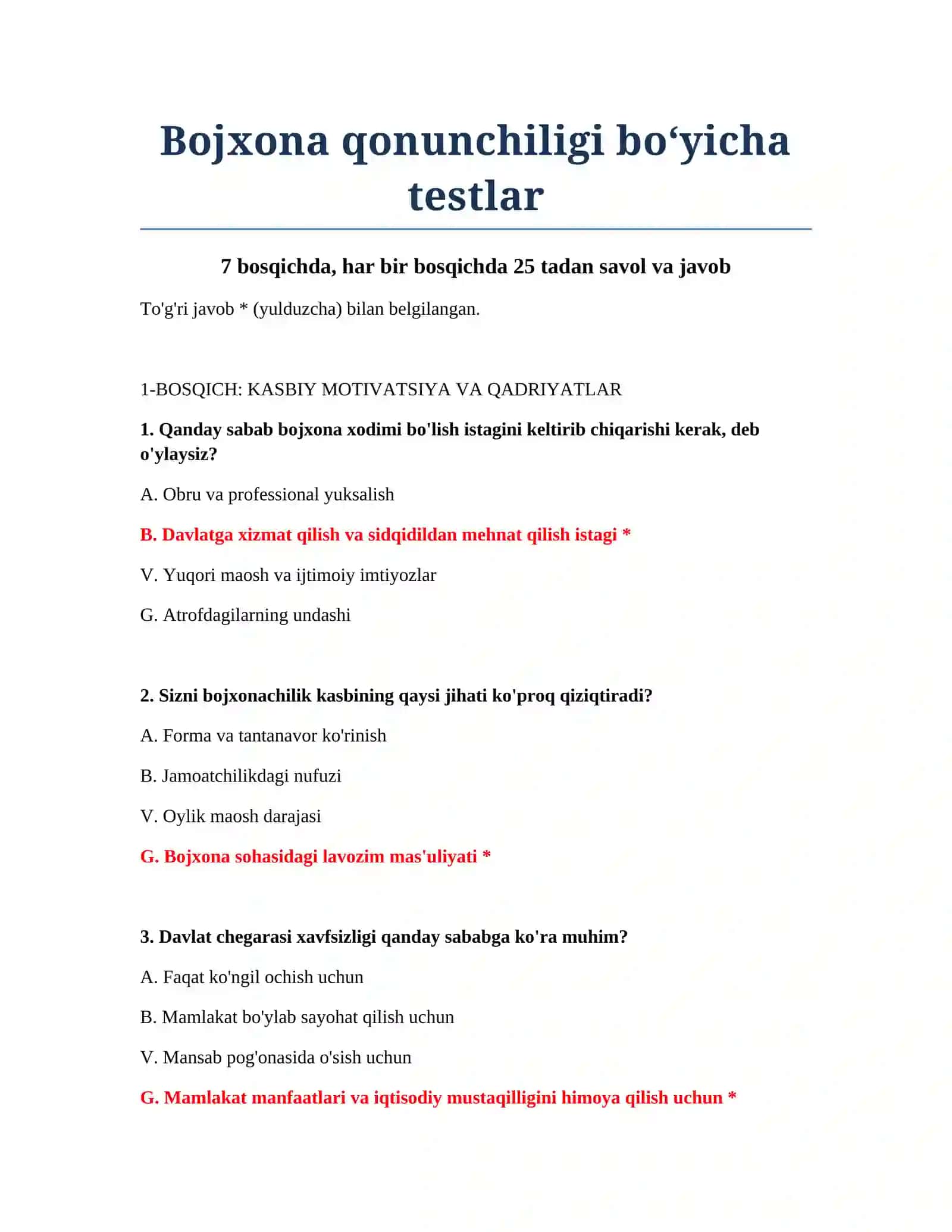 Bojxona qonunchiligi bo‘yicha testlar 2