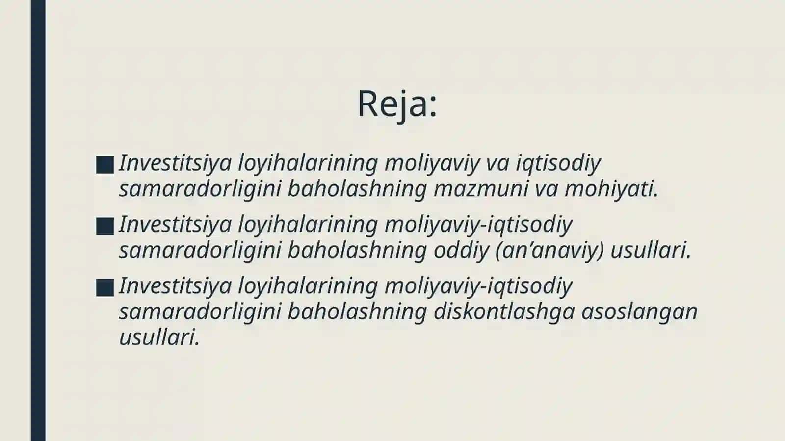 Investitsiya loyihalarining moliyaviy-iqtisodiy samaradorligini baholashning diskontlashga asoslangan usullari 2