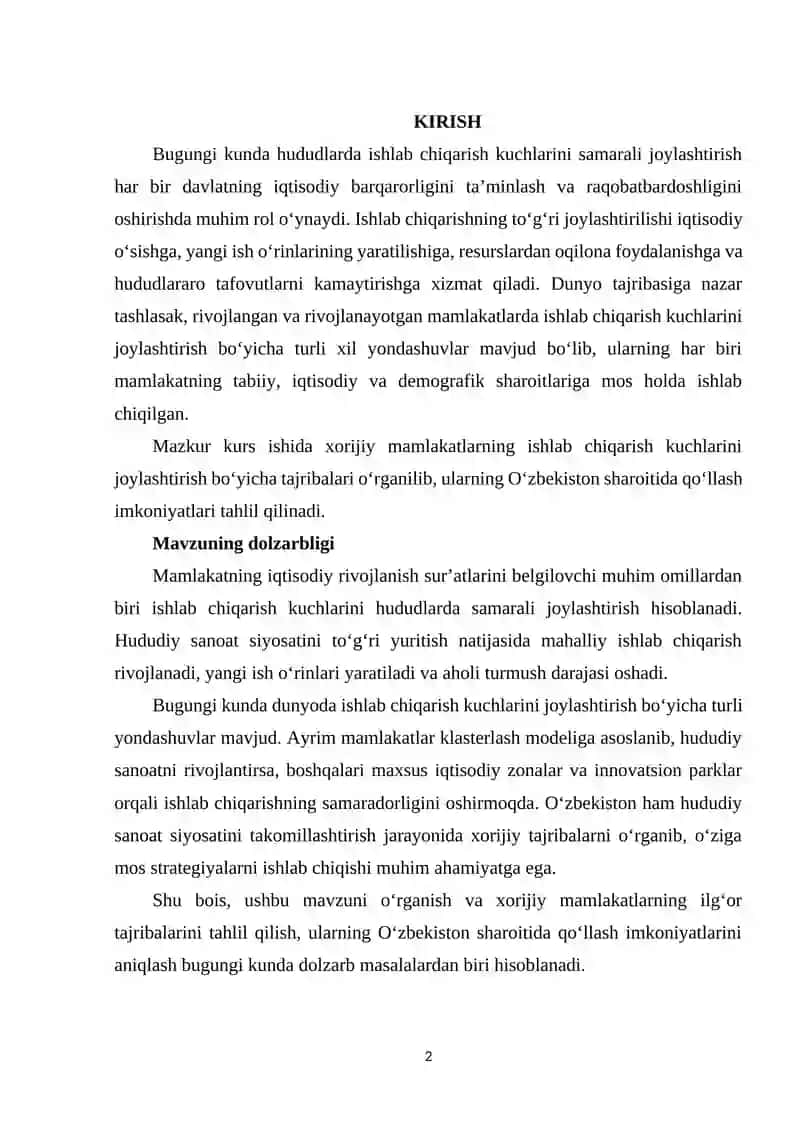 Hududlarda ishlab chiqarish kuchlarini joylashtirish bo`yicha xorijiy tajribalar 2