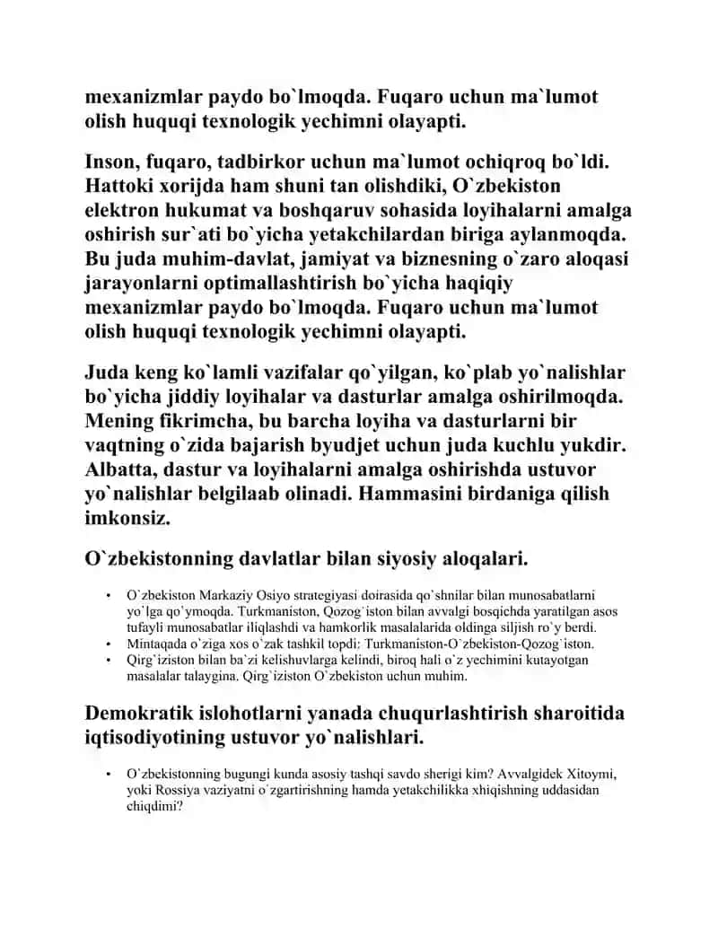 O`zbekistonda amalga oshiraloygan islohotlarning yangi bosqichlari 2