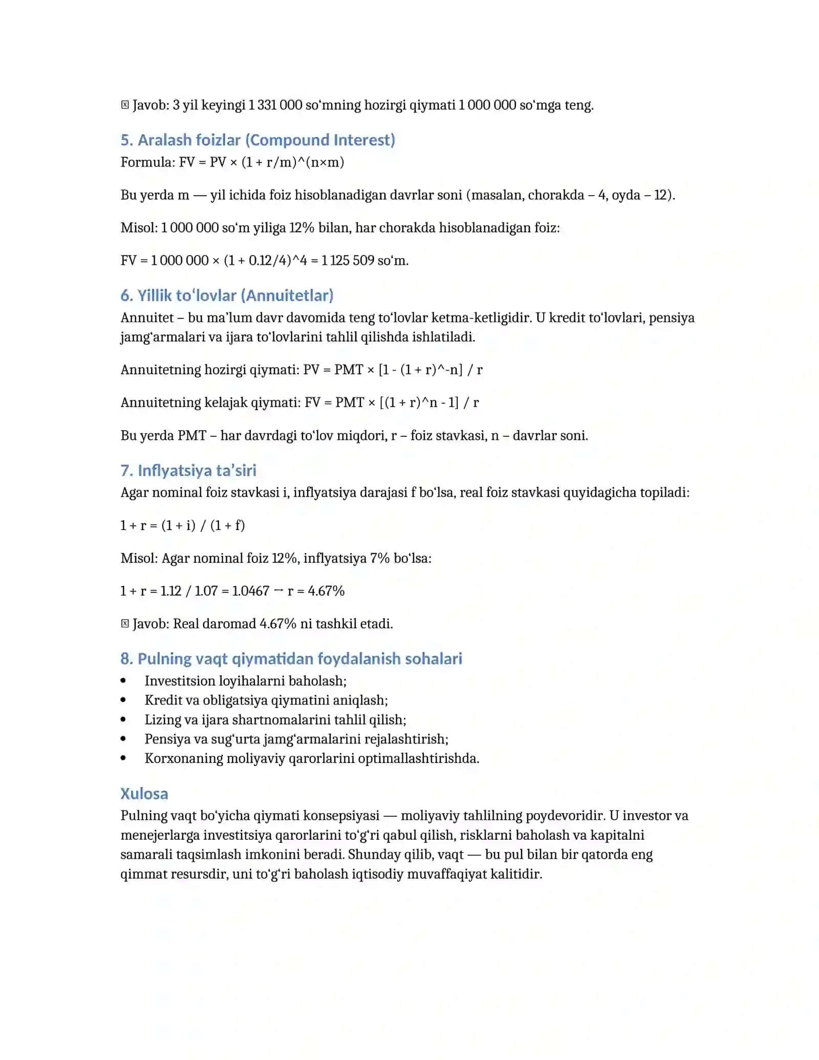 Pulning vaqt bo‘yicha qiymati konsepsiyasi 2