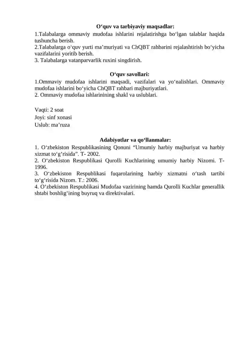 UMUMIY O‘RTA TA’LIM MUASSASLARIDA HARBIY-VATANPARVARLIK VA MUDOFAA-OMMAVIY ISHLARNI REJALASHTIRISH 2