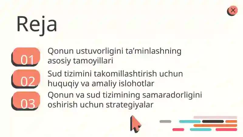 Qonun ustuvorligini taʼminlash va sud huquq tizimini yanada isloh qilishning ustuvor yoʻnalishlari 2