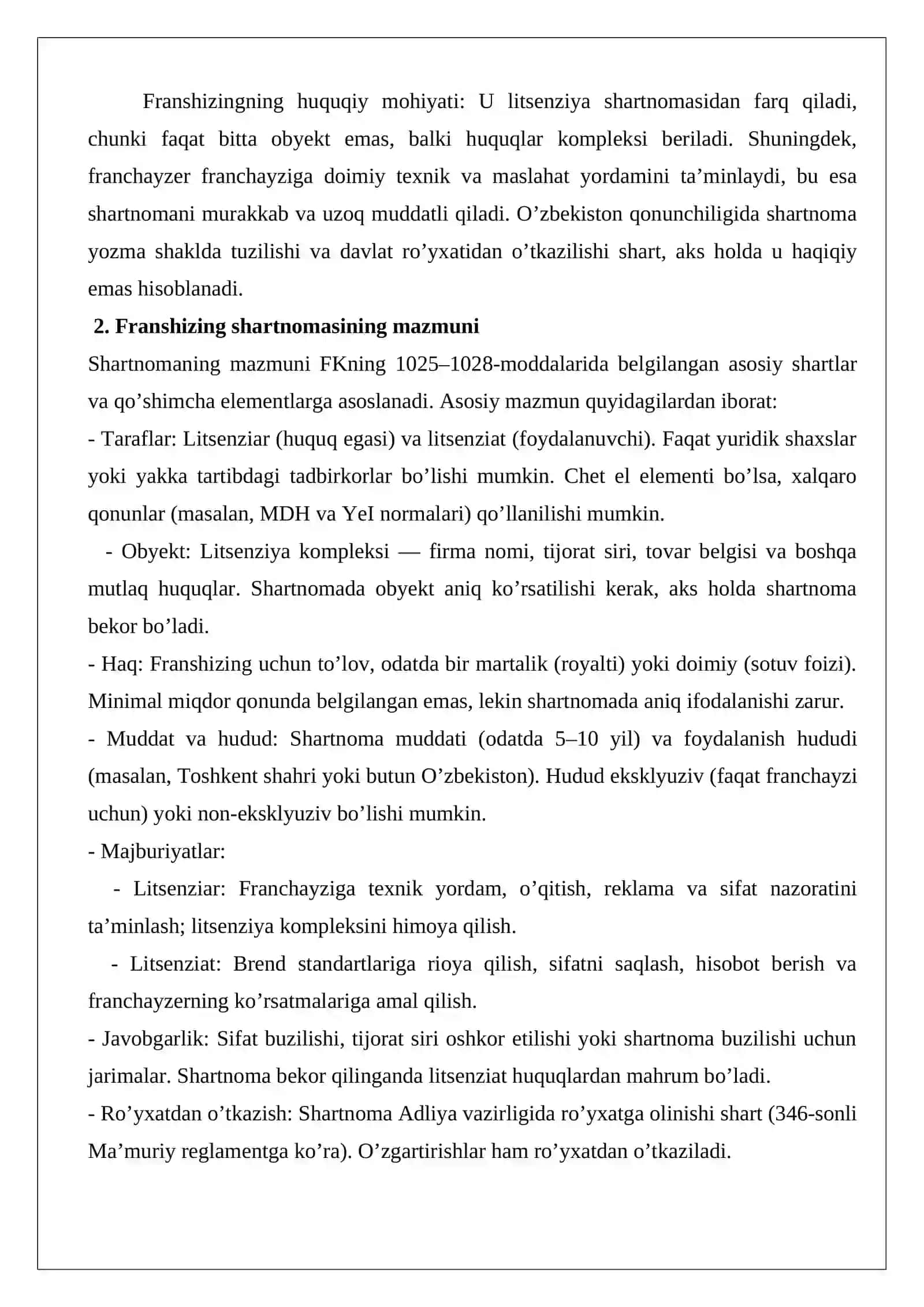 Kompleks tadbirkorlik litsenziyasi (franshizing) shartnomasi tushunchasi va mazmuni 2