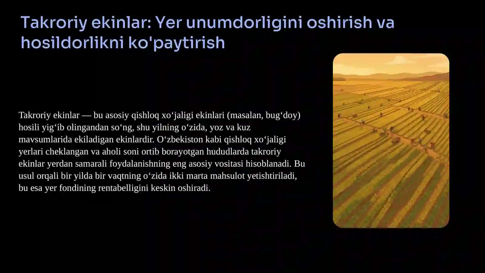 Takroriy ekinlar: Yer unumdorligini oshirish va hosildorlikni ko'paytirish 2