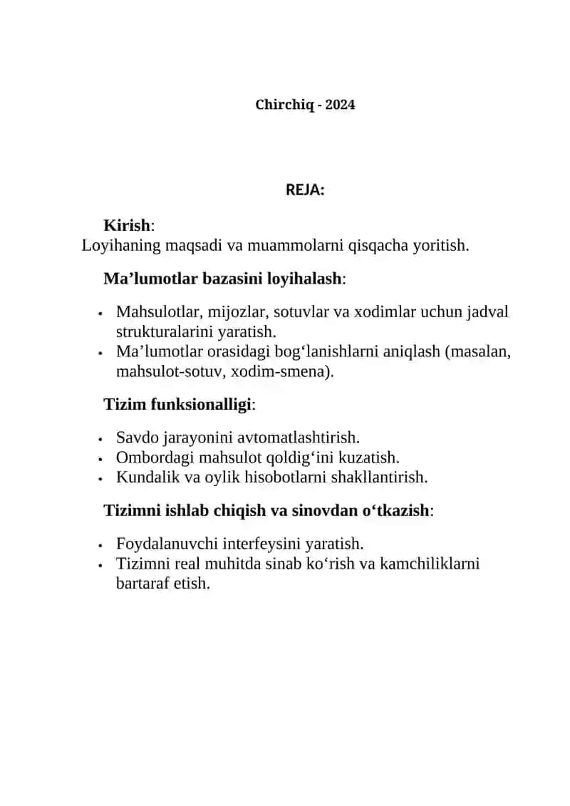 "Supermarket uchun ma’lumotlar bazasini va avtomatlashgan tizimni ishlab chiqish" 2