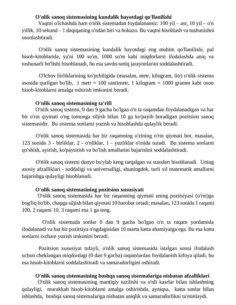 O'nlik sanoq sistemasi xususiyatlari va uning nomerlashga asos qilib olinishi 2
