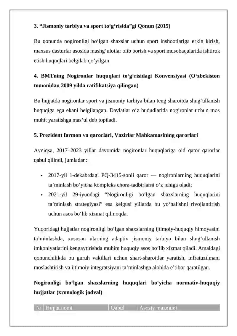 Adaptiv jismoniy tarbiya va nogironligi bo‘lgan shaxslarning ijtimoiy-huquqiy huquqlari yuzasidan normativ-huquqiy hujjatlar tahlili 2