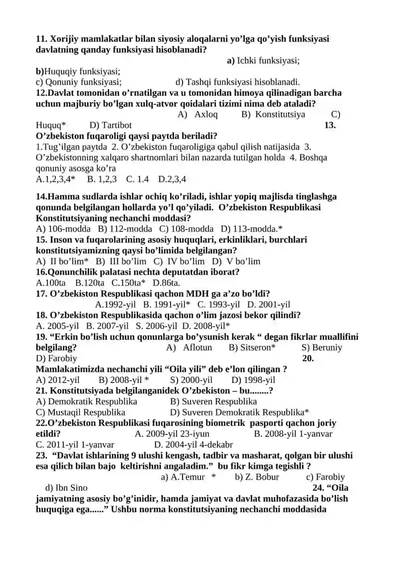11-SINF DAVLAT HUQUQ ASOSLARI FANIDAN TEST 2