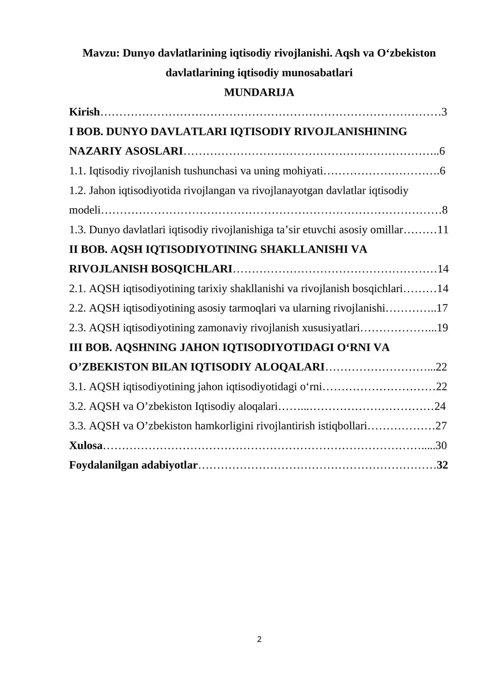 Dunyo davlatlarining iqtisodiy rivojlanishi. Aqsh va Oʻzbekiston davlatlarining iqtisodiy munosabatlari 2