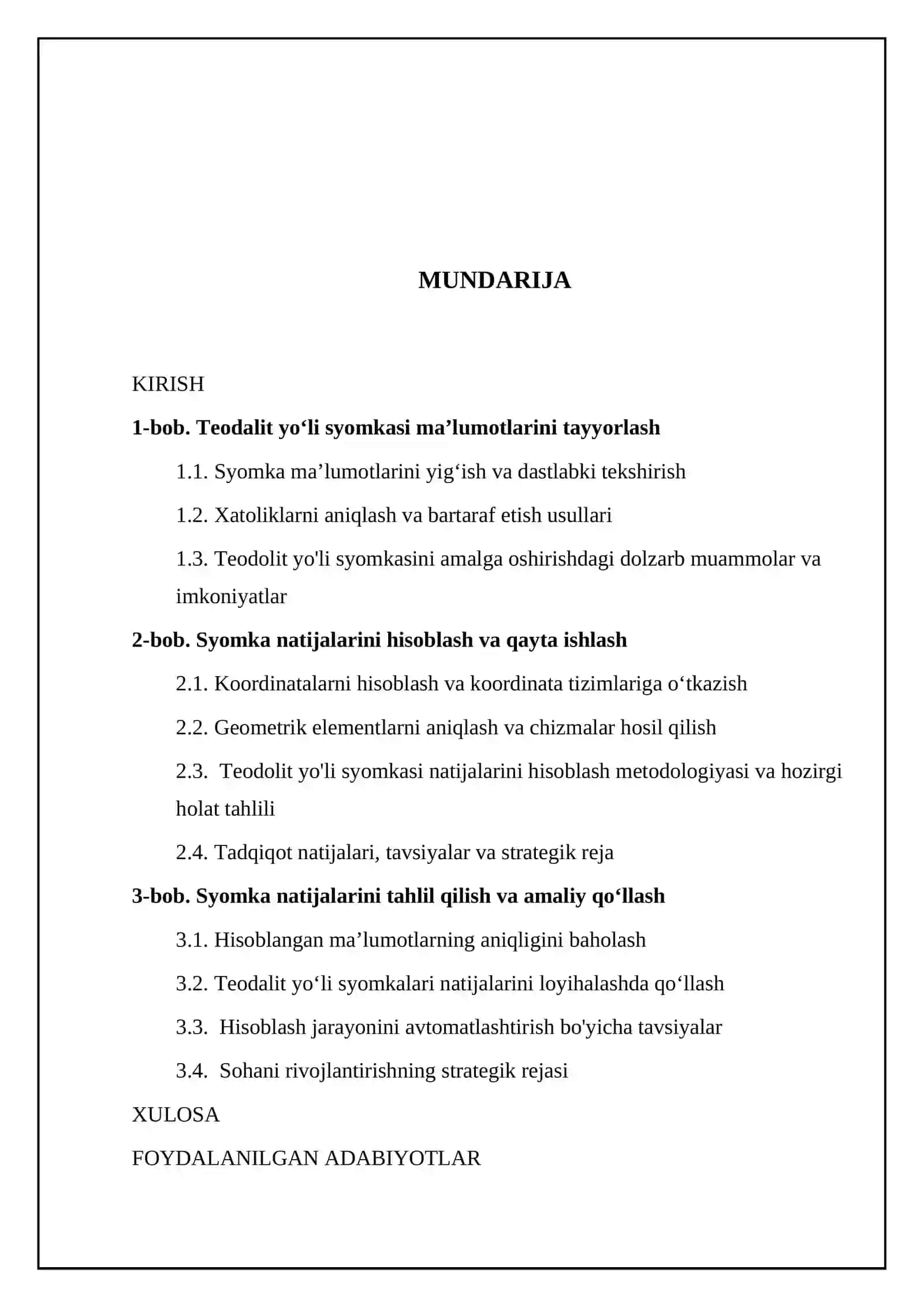 Teodalit yoʻli syomkalari natijalarini ishlab chiqish 2