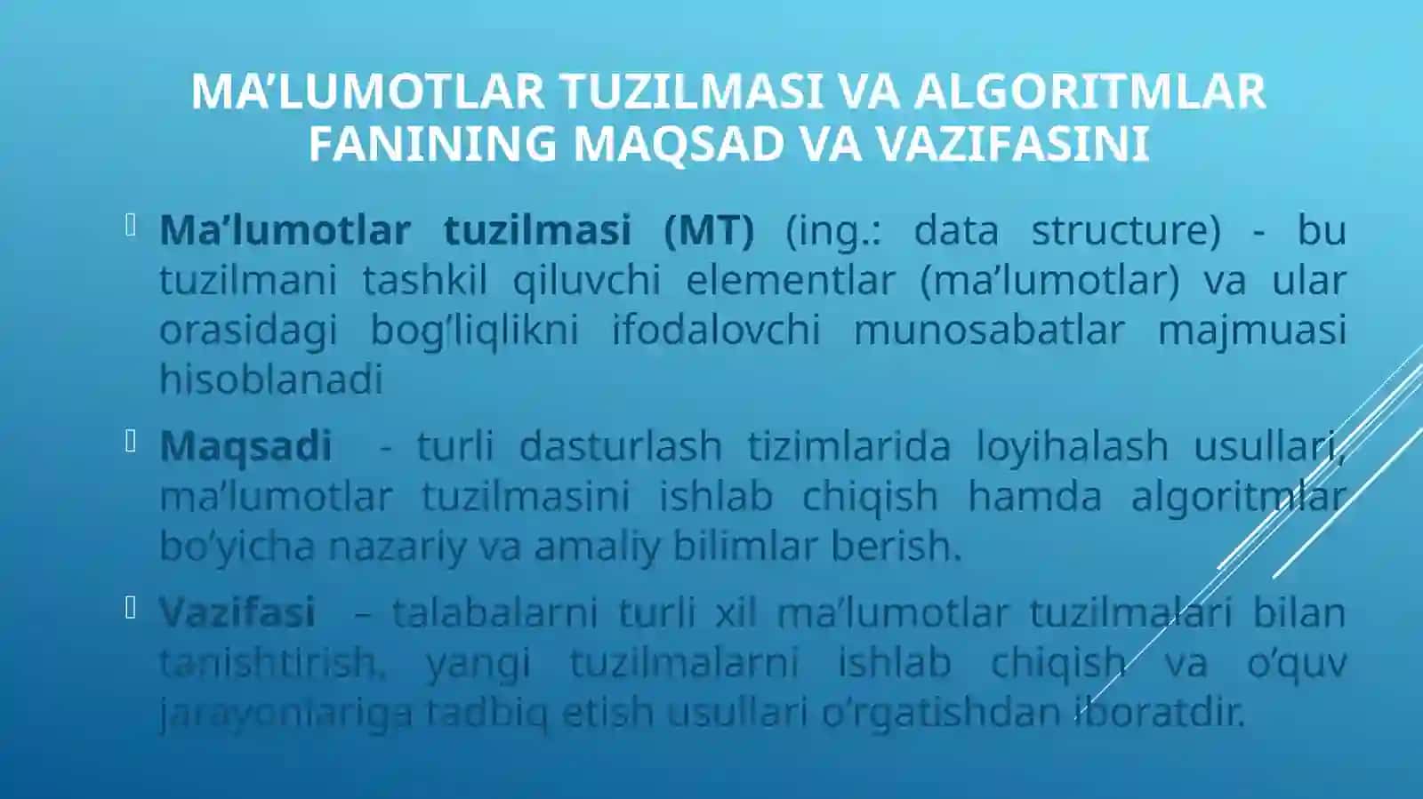 Ma’lumotlar tuzilmasi va algoritmlar fanining maqsad va vazifasini 2
