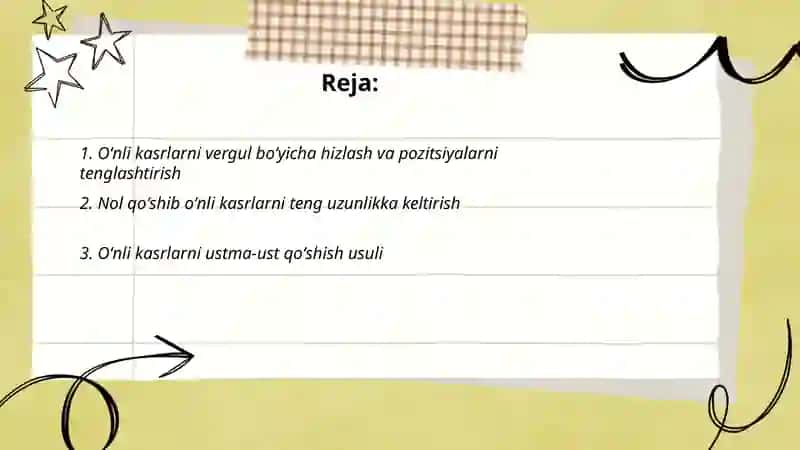 Oʻnli kasrlar ustida arifmetik amallar (qoʻshish) 2