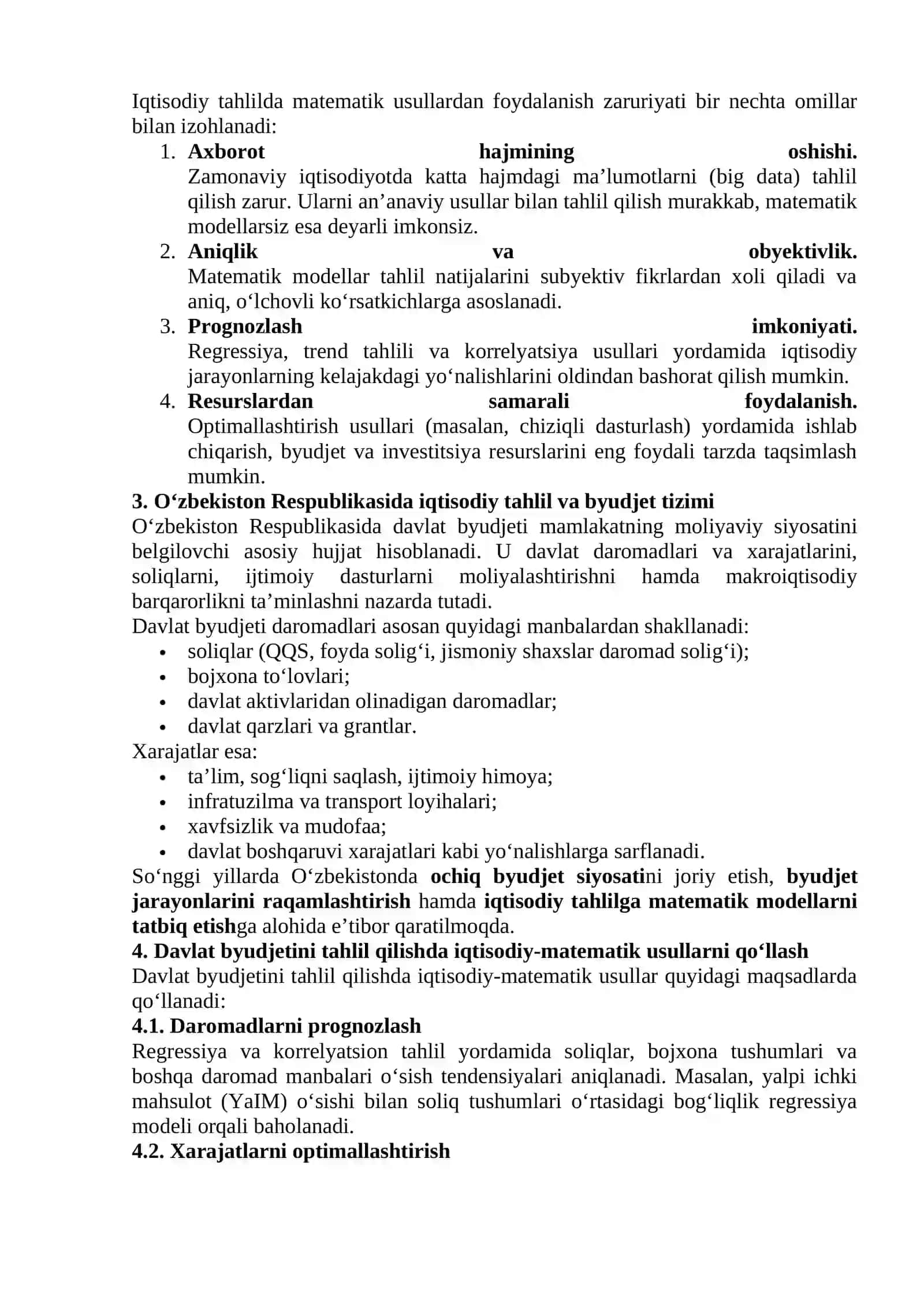Iqtisodiy tahlilda iqtisodiy-matematik usullarni qo‘llash zaruriyati va O‘zbekiston Respublikasida davlat byudjeti 2
