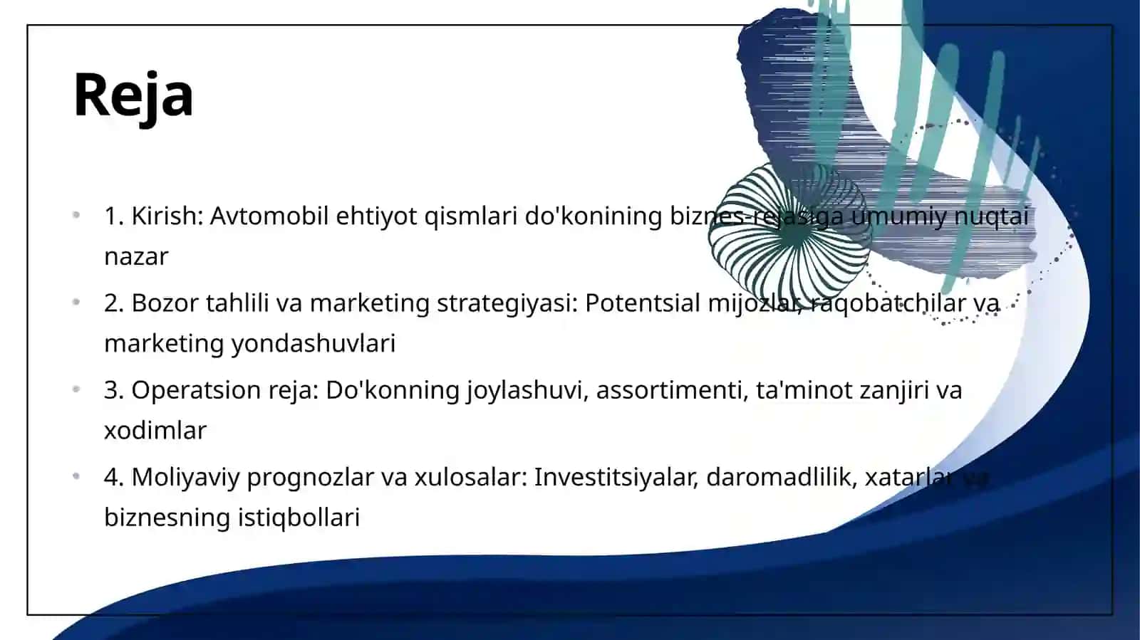 Biznes plan Avtomobillar extiyoj qisimlari dokoni 2